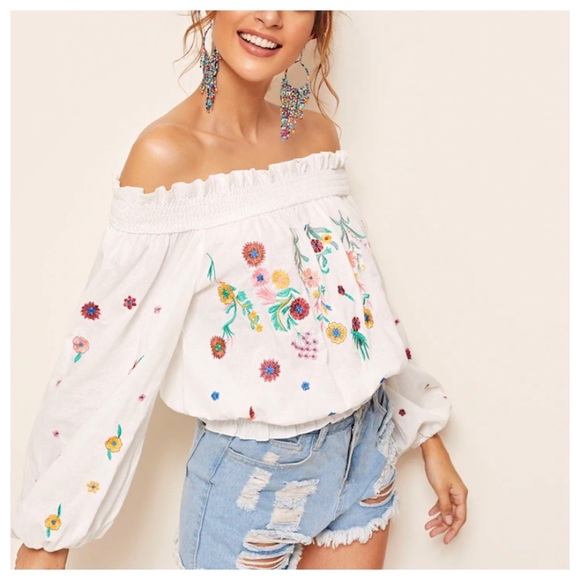 Off Shoulder Shirred Panel embroidered Top - Picture 3 of 5